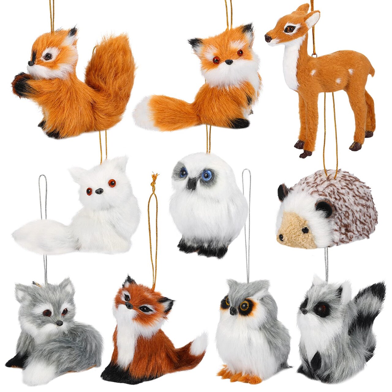 10 Pieces Forest Animals Ornaments Woodland Animal Faux Fur Plush Hanging Ornaments Family Educational Playset for Fall, Christmas, Winter Birthday Party Supplies(Animals)